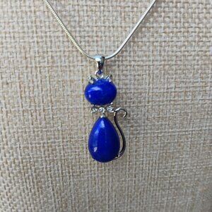 Blue Lapis Lazuli Boo Boo Kitty Cat Pendant Necklace Sterling Silver Rhinestone